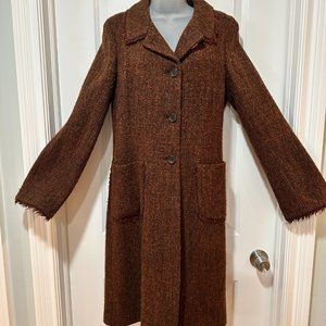 DKNY Boucle Caramel & Brown Flecked Wool Long Coat, Size 14